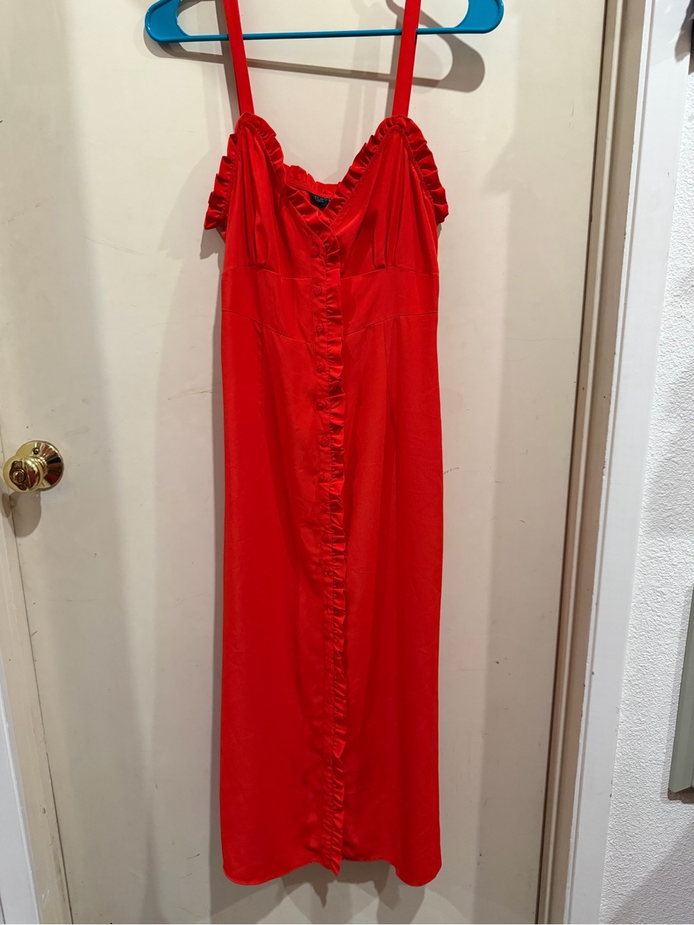 Topshop Bright Red Ruffle-Trim Button-Front Midi Dress